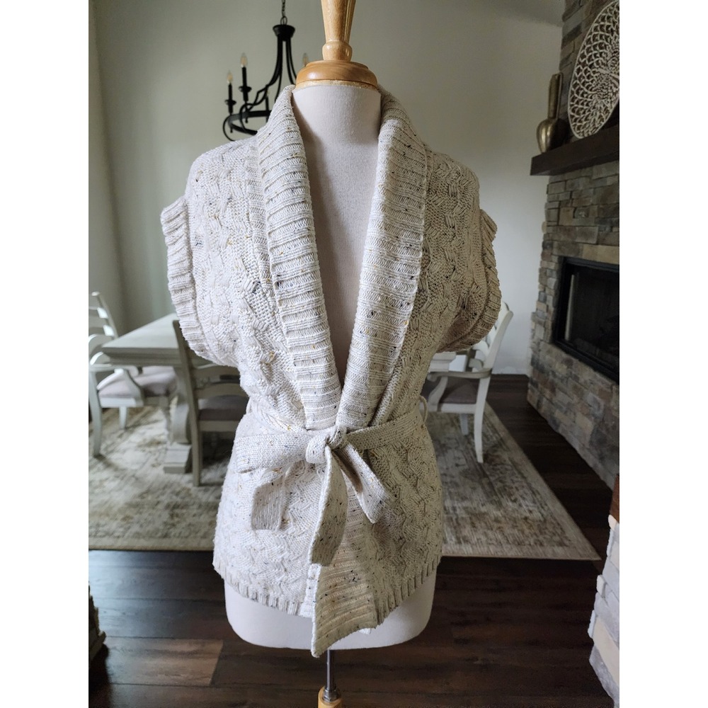 Y2K The Limited Cream Speckled Cable Knit Belted Cardigan Vest Shawl Collar L